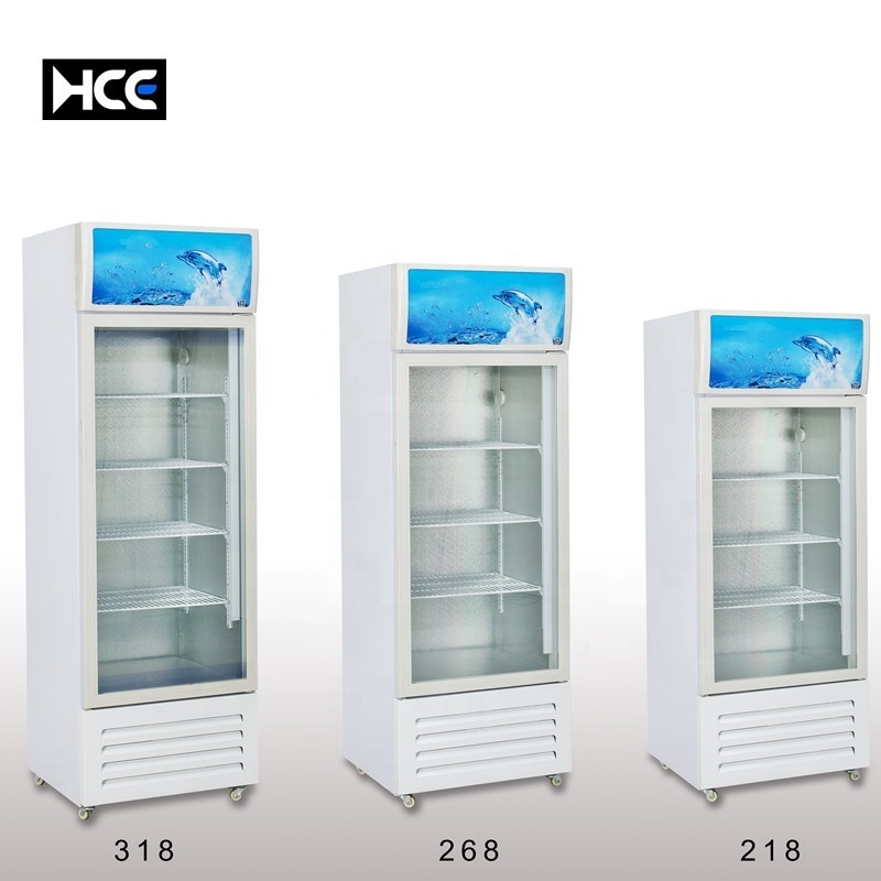 Cheap price 218L upright single transparent glass door display fridge for cold beverage