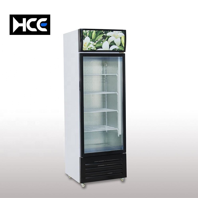 Cheap price 218L upright single transparent glass door display fridge for cold beverage