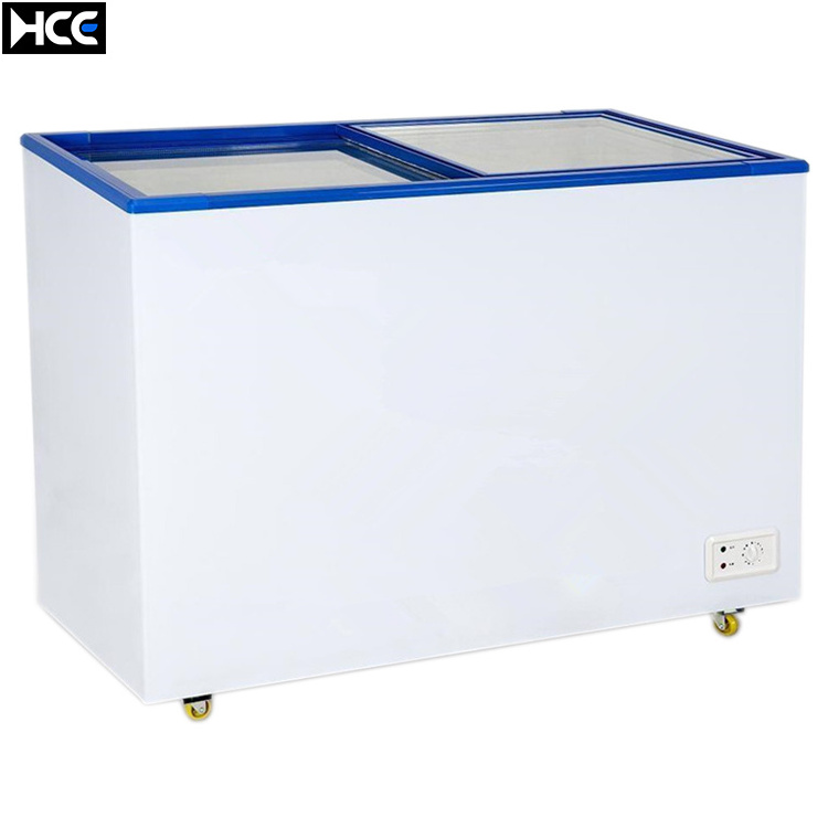 280L chest freezers commercial double sliding glass top door display cryogenic cabinet supermarket tropical deep freezer