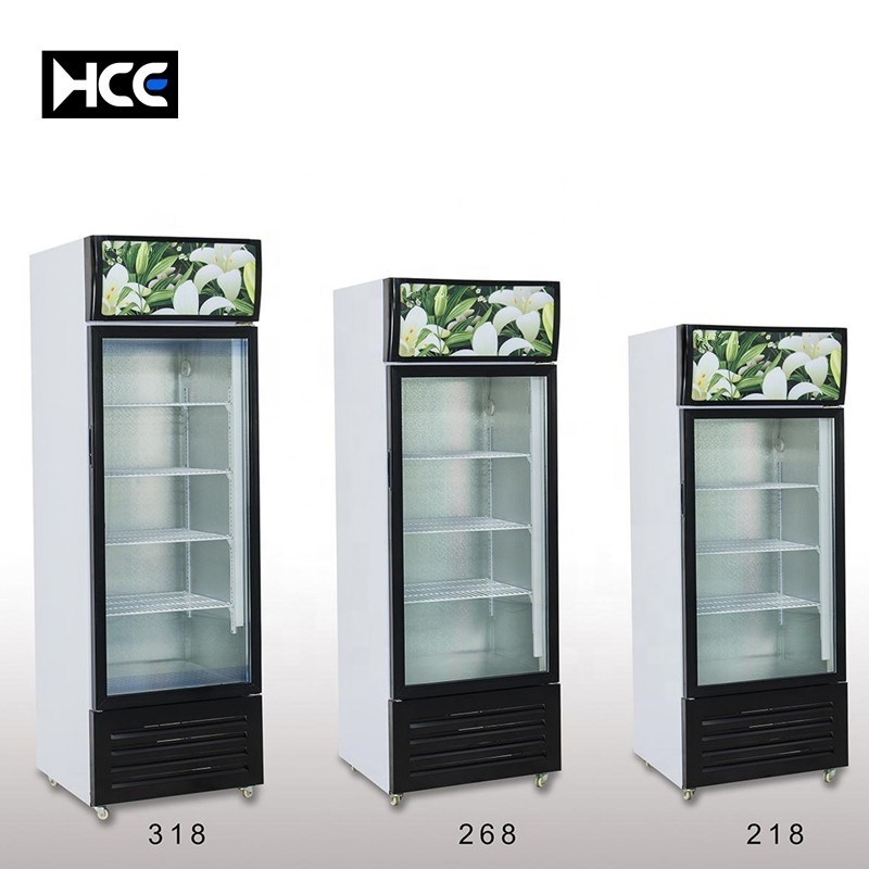 Cheap price 218L upright single transparent glass door display fridge for cold beverage