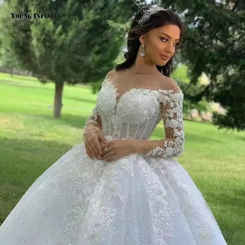 2023 Newest style lace pure white African bridal dress women wedding gown ball