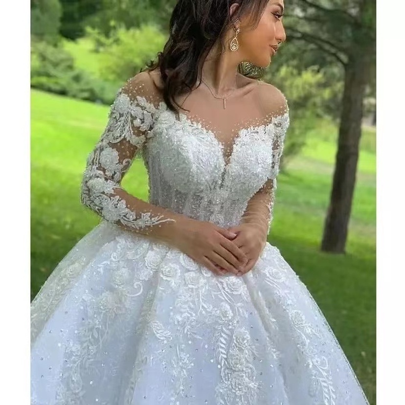 2023 Newest style lace pure white African bridal dress women wedding gown ball