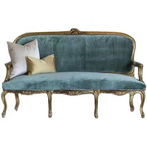 Luxury French court style living room furniture solid wood retro gold velvet cloth  three seat sofa