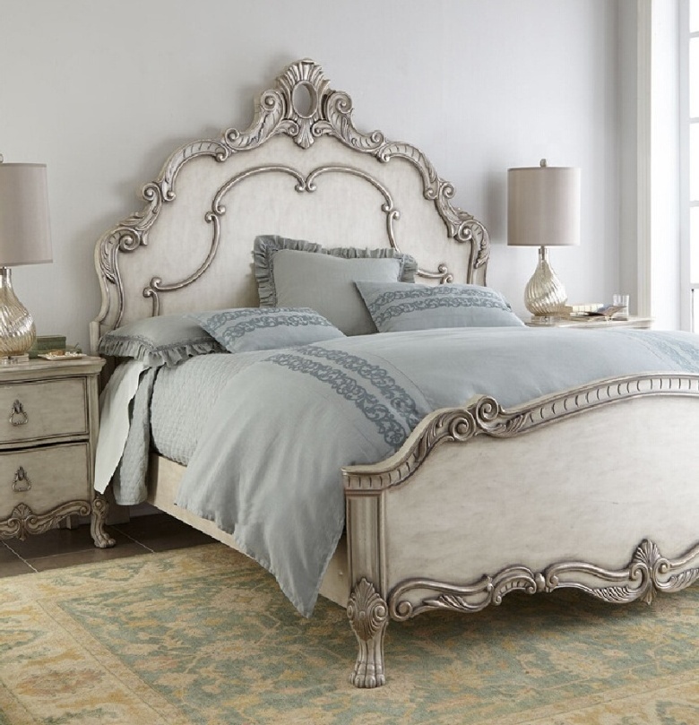 High quality bedroom furniture French rococo solid wood vintage white king bed