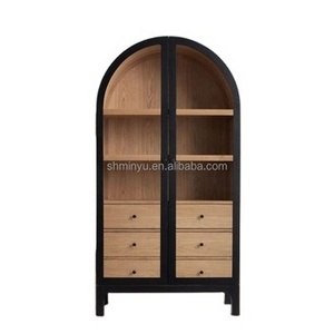 Luxury Restaurant Furniture Mid century-style Solid oak Double glass Door Arch Bookcase Bar Storage Cabinet