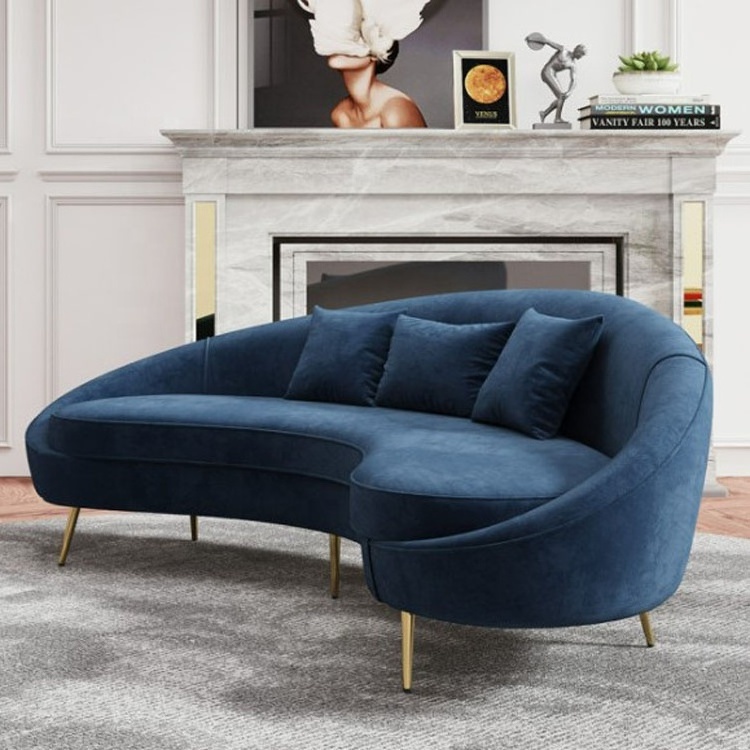 Modern Luxury living room furniture blue Velvet Curved Sofa With Gold metal feet