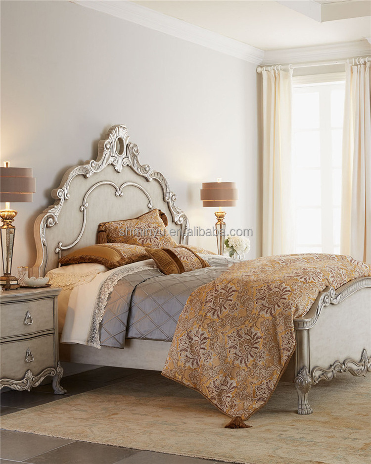 High quality bedroom furniture French rococo solid wood vintage white king bed