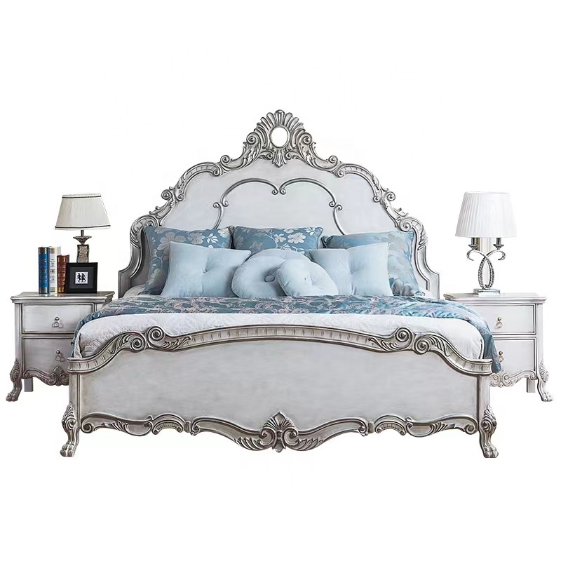 High quality bedroom furniture French rococo solid wood vintage white king bed