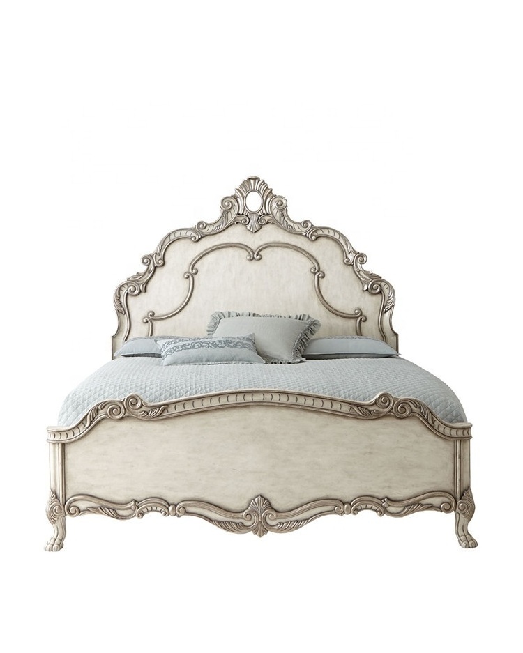 High quality bedroom furniture French rococo solid wood vintage white king bed