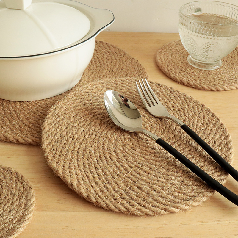 Japanese Style Dining Table Mat Heat Resistant Woven Cotton Rope Linen Placemats Non-Slip Holder Rattan Cup Coasters Pad