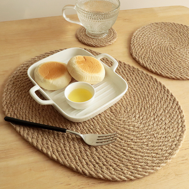 Japanese Style Dining Table Mat Heat Resistant Woven Cotton Rope Linen Placemats Non-Slip Holder Rattan Cup Coasters Pad