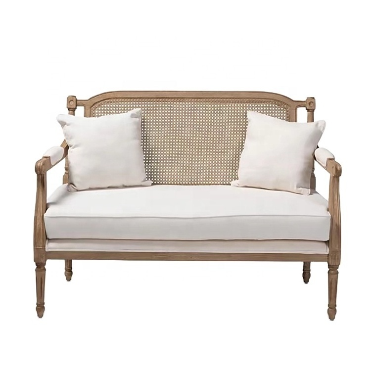 French Provincial Living room Rattan Loveseat Upholstered Oak 2 seat Sofa.