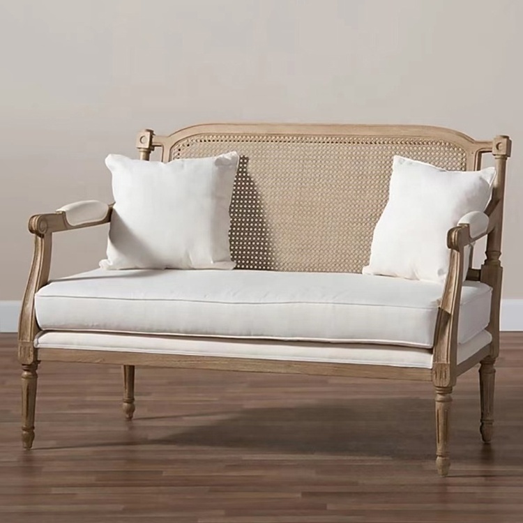 French Provincial Living room Rattan Loveseat Upholstered Oak 2 seat Sofa.