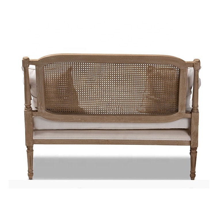 French Provincial Living room Rattan Loveseat Upholstered Oak 2 seat Sofa.