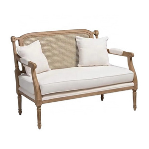 French Provincial Living room Rattan Loveseat Upholstered Oak 2 seat Sofa.