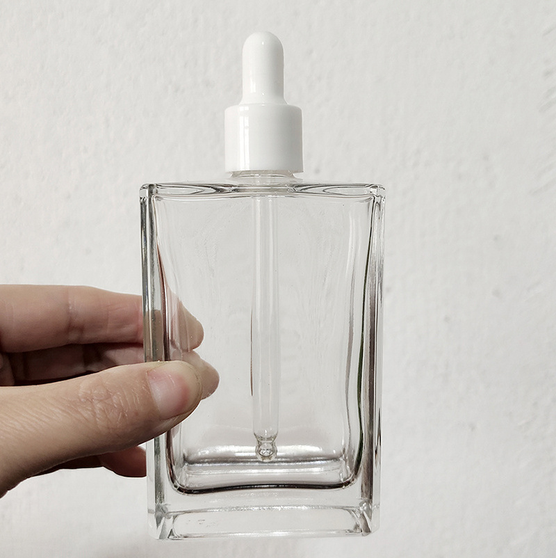 high quality flat square 50ml 100ml glass hair oil bottle with dropper