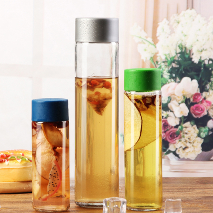 Wholesale transparent empty voss glass bottle for juice water milk drinks soda with plastic cap