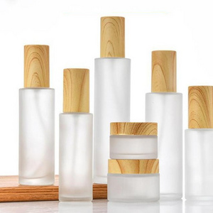 Bamboo Cosmetic Packaging Frosted Glass Bottle with Bamboo Pump for serum emulsion