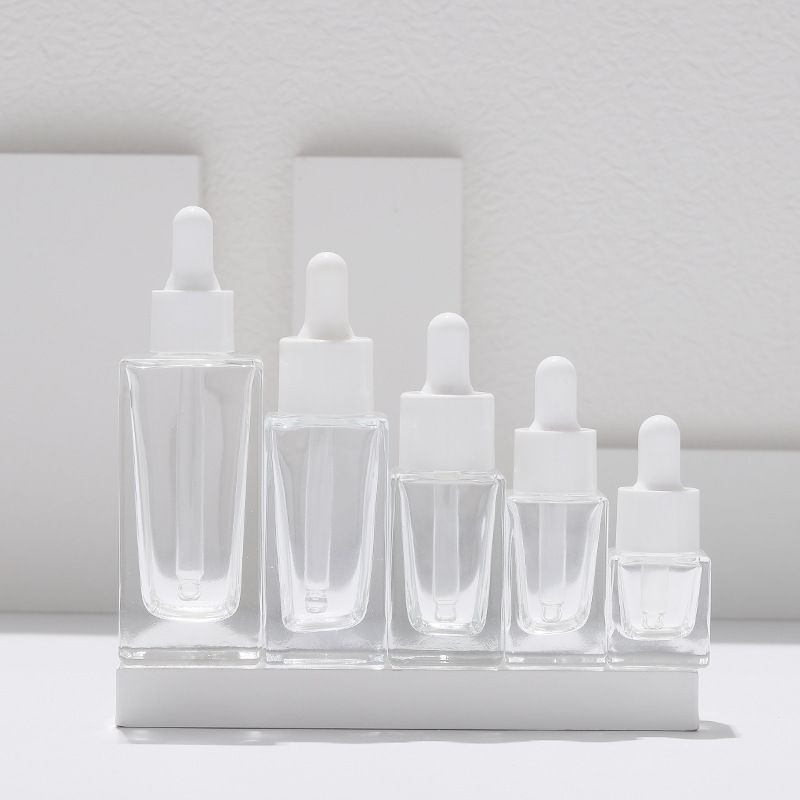 Cosmetic Skincare Packaging square Clear Amber Beard Hair Essential Oil Serum Glass Bottle with pipette Dropper