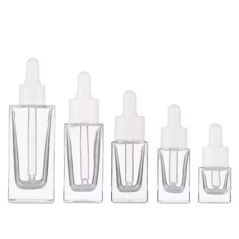 Cosmetic Skincare Packaging square Clear Amber Beard Hair Essential Oil Serum Glass Bottle with pipette Dropper