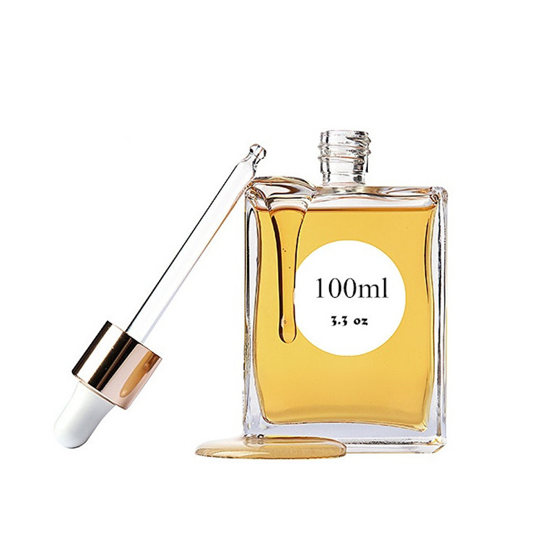 high quality flat square 50ml 100ml glass hair oil bottle with dropper