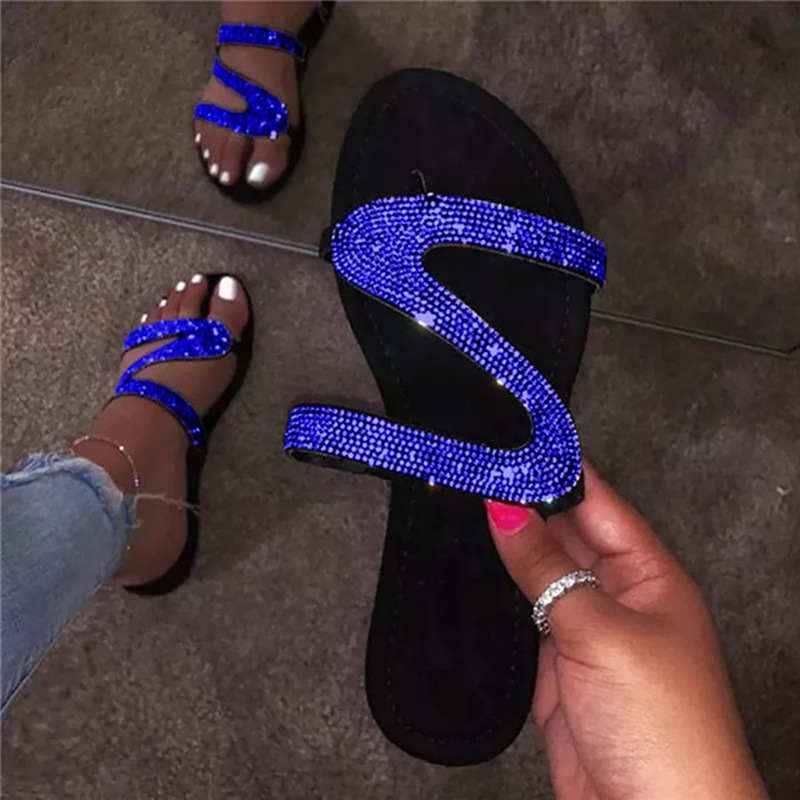 New Z-shaped Summer Flat Bottom Casual Open Toe Roman Women's Slippers for Foreign Trade Large Rhinestone Sandals