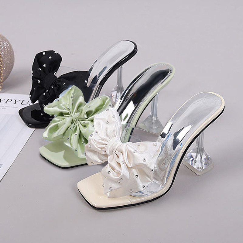 2024 Summer  New Korean Edition Fairy Sweetheart Bow Tie Half Trailer High Heels and Thin Heels