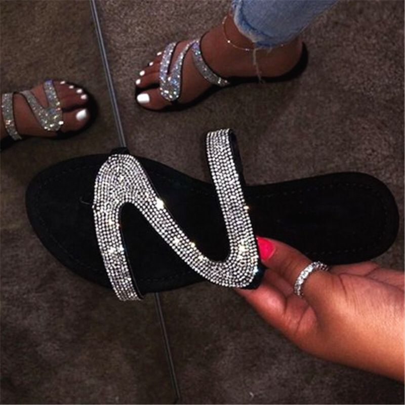 New Z-shaped Summer Flat Bottom Casual Open Toe Roman Women's Slippers for Foreign Trade Large Rhinestone Sandals