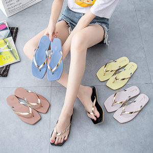 Summer Fashion Solid Color Simple Slippers Fashion Square Toe Shoes Wearing Outside Sandwich sandal Beach Casual Flip Flop Women