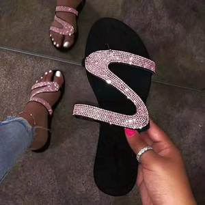 New Z-shaped Summer Flat Bottom Casual Open Toe Roman Women's Slippers for Foreign Trade Large Rhinestone Sandals