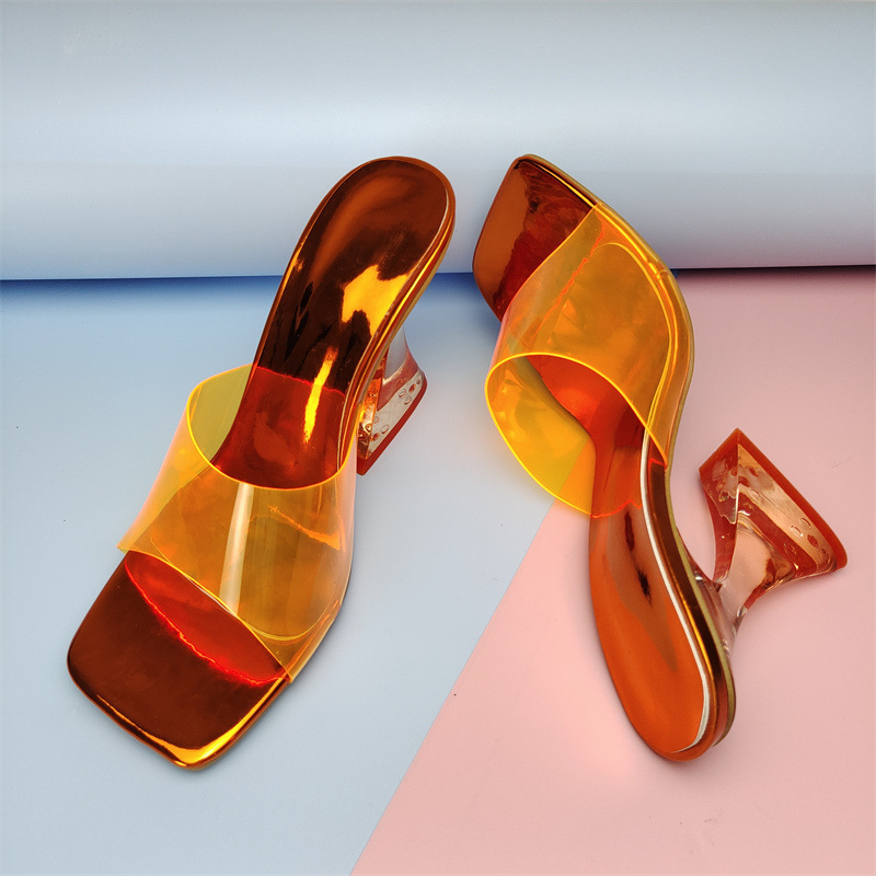 Wholesale ladies shoes transparent heel color PVC featured sandals women fashion color crystal heel sandals women