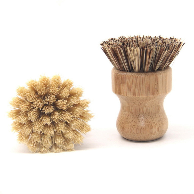 Palm Pot Brush Eco-Friendly Zero Waster Bamboo Round Mini Pot&Dish Brush Natural Scrub Brush Durable Scrubber Cleaning Kit