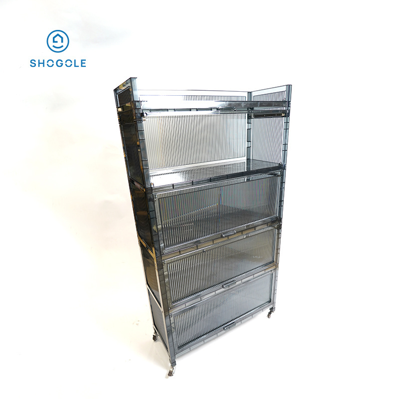 Shogole Highly Recommended Kitchen Bathroom Large Capacity Four Layers PET four wheels Folding Plastic Storage Cabinet