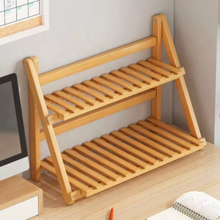 2 Tiers Bamboo Desktop Organizer Office Storage Rack Wooden Display Shelf for Birthday Gifts Toy and Home Decor