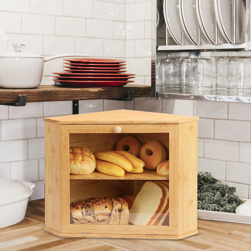 Large Capacity Two Layer Bamboo Bread Holder Food Storage Bin for Kitchen Counter Corner Bread Box