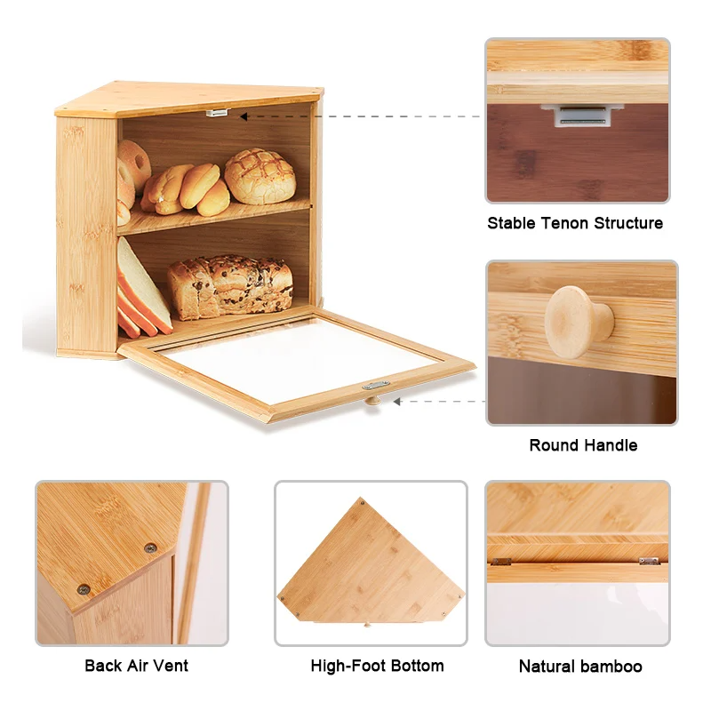 Large Capacity Two Layer Bamboo Bread Holder Food Storage Bin for Kitchen Counter Corner Bread Box