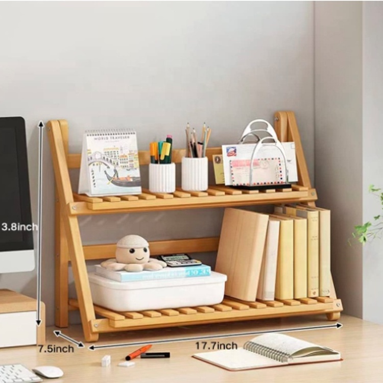 2 Tiers Bamboo Desktop Organizer Office Storage Rack Wooden Display Shelf for Birthday Gifts Toy and Home Decor