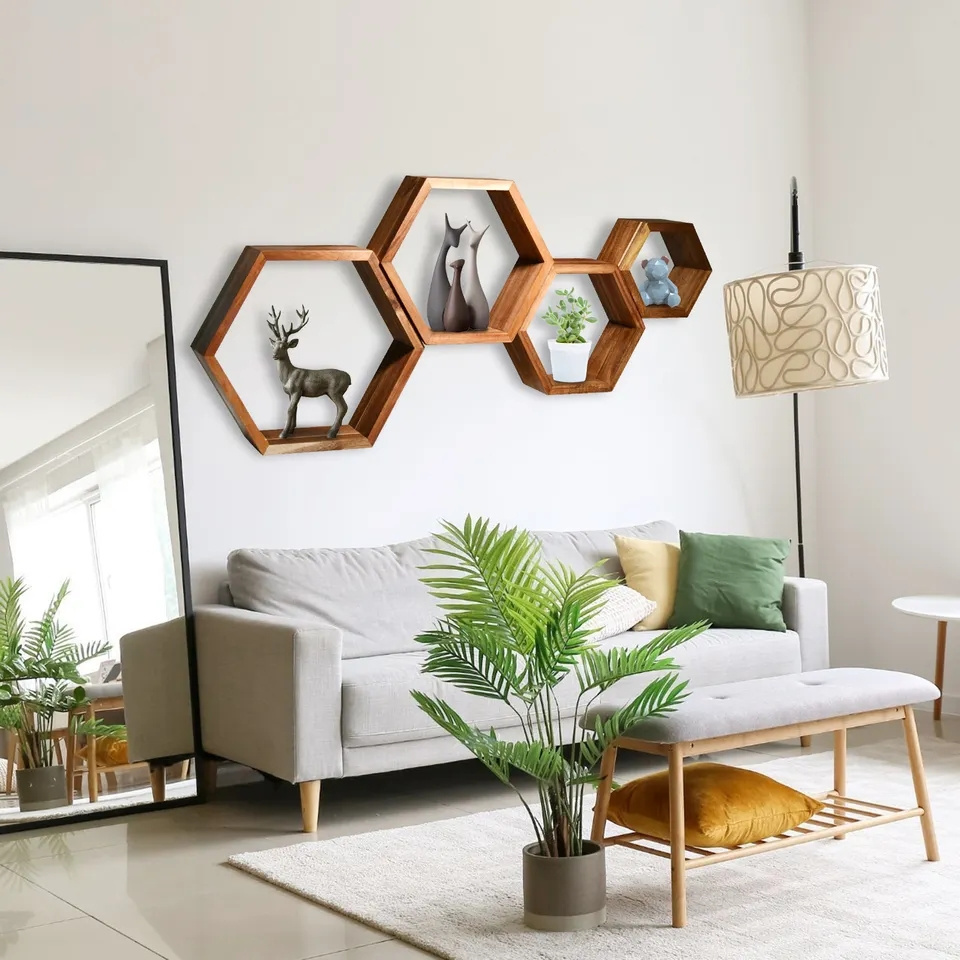 Wall Mounted Set of 4 Hexagonal Floating Shelves Frame;Decoration Wood Hexagon Shelf Floating Shelves