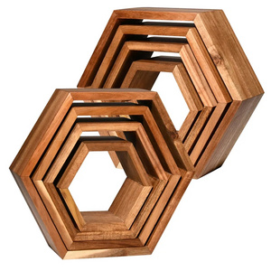 Wall Mounted Set of 4 Hexagonal Floating Shelves Frame;Decoration Wood Hexagon Shelf Floating Shelves