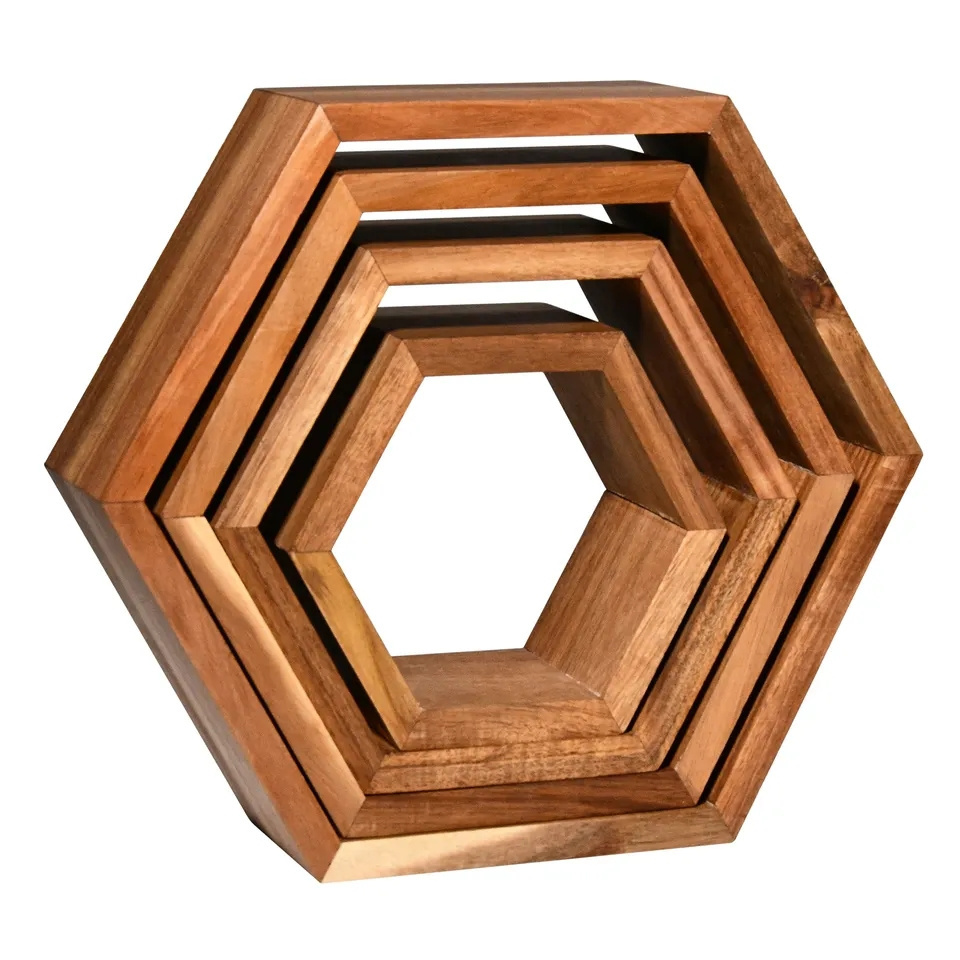 Wall Mounted Set of 4 Hexagonal Floating Shelves Frame;Decoration Wood Hexagon Shelf Floating Shelves