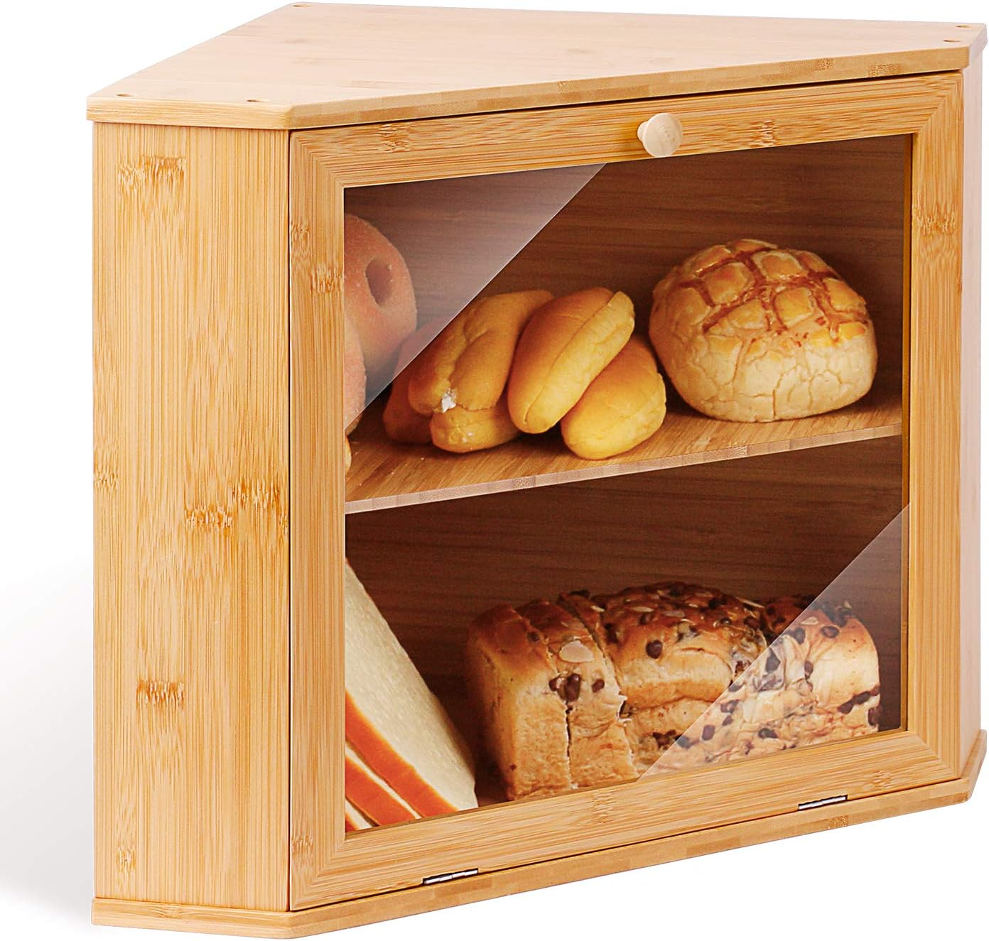 Large Capacity Two Layer Bamboo Bread Holder Food Storage Bin for Kitchen Counter Corner Bread Box