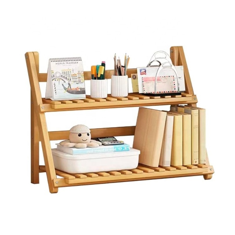 2 Tiers Bamboo Desktop Organizer Office Storage Rack Wooden Display Shelf for Birthday Gifts Toy and Home Decor