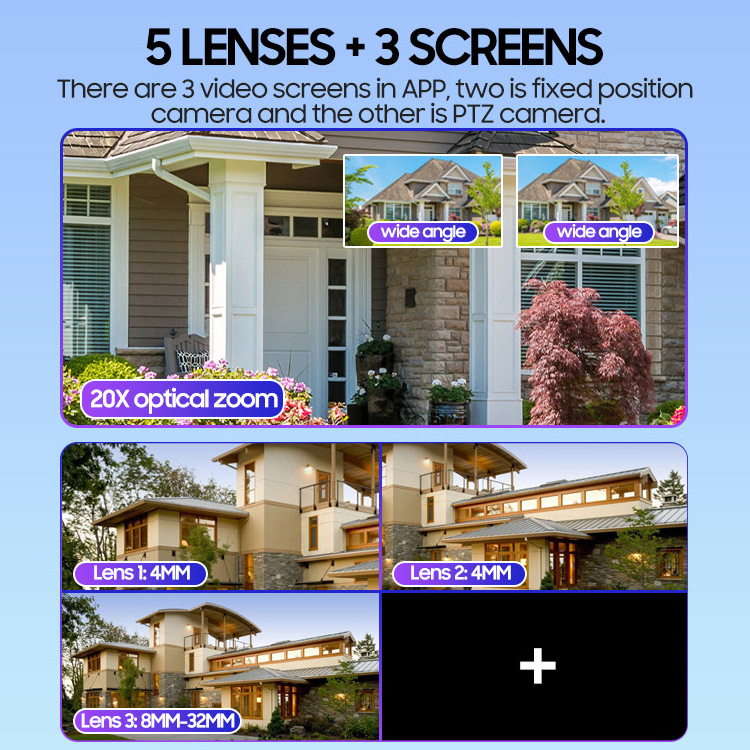 8K WiFi Camera Outdoor 20X optical Zoom Surveillance Five Lens Three Screen Security Camera Video CCTV AI Tracking Wide Angle