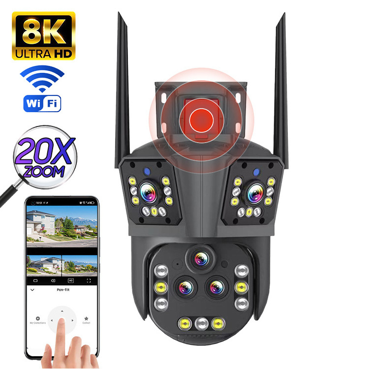 8K WiFi Camera Outdoor 20X optical Zoom Surveillance Five Lens Three Screen Security Camera Video CCTV AI Tracking Wide Angle