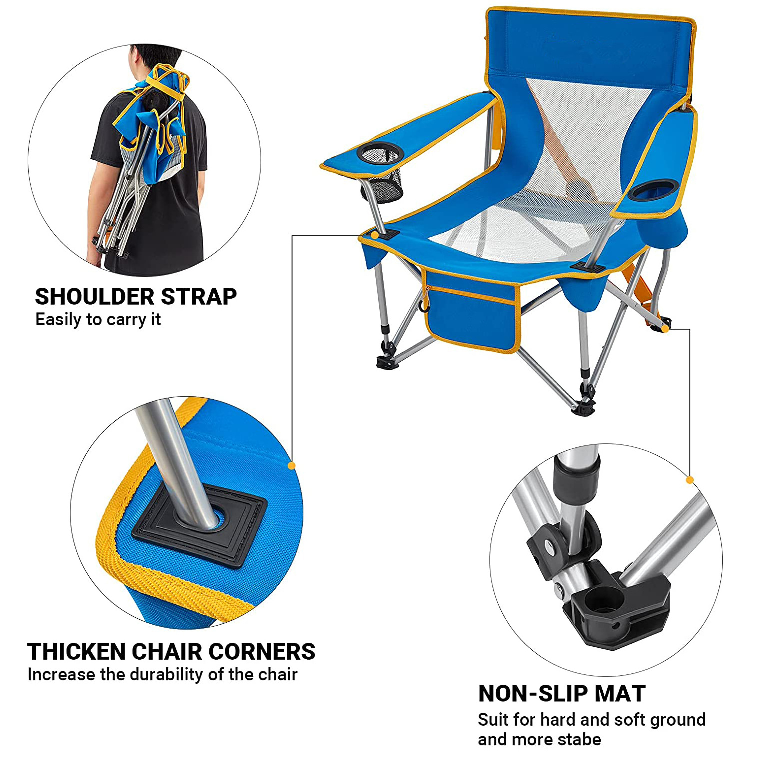 2022 New Blue Folding Camping Chair Low Seat Portable Lightweight Chair With Cup Holder And Front Pocket For Outdoor