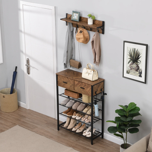 2022 New Simple Entryway 4-tier Shoe Shelf with Drawers, Coat Rack, One Set Entryway Shoe Rack with Storage and Hooks