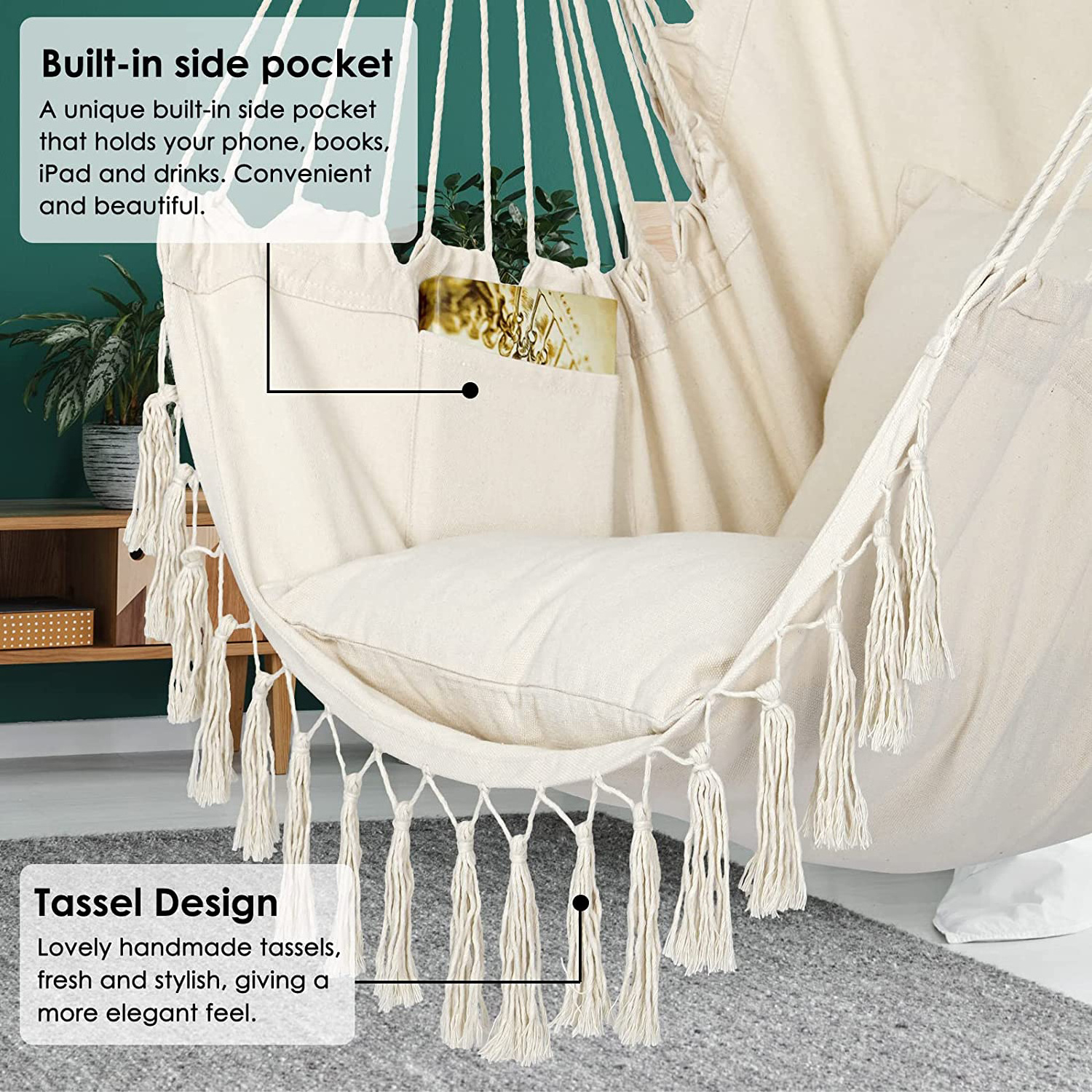 Hammock Chair Hanging Rope Swing, Max 500 Lbs, 2 Cushions Included, Large Macrame Hanging Chair with Pocket for Comfortable