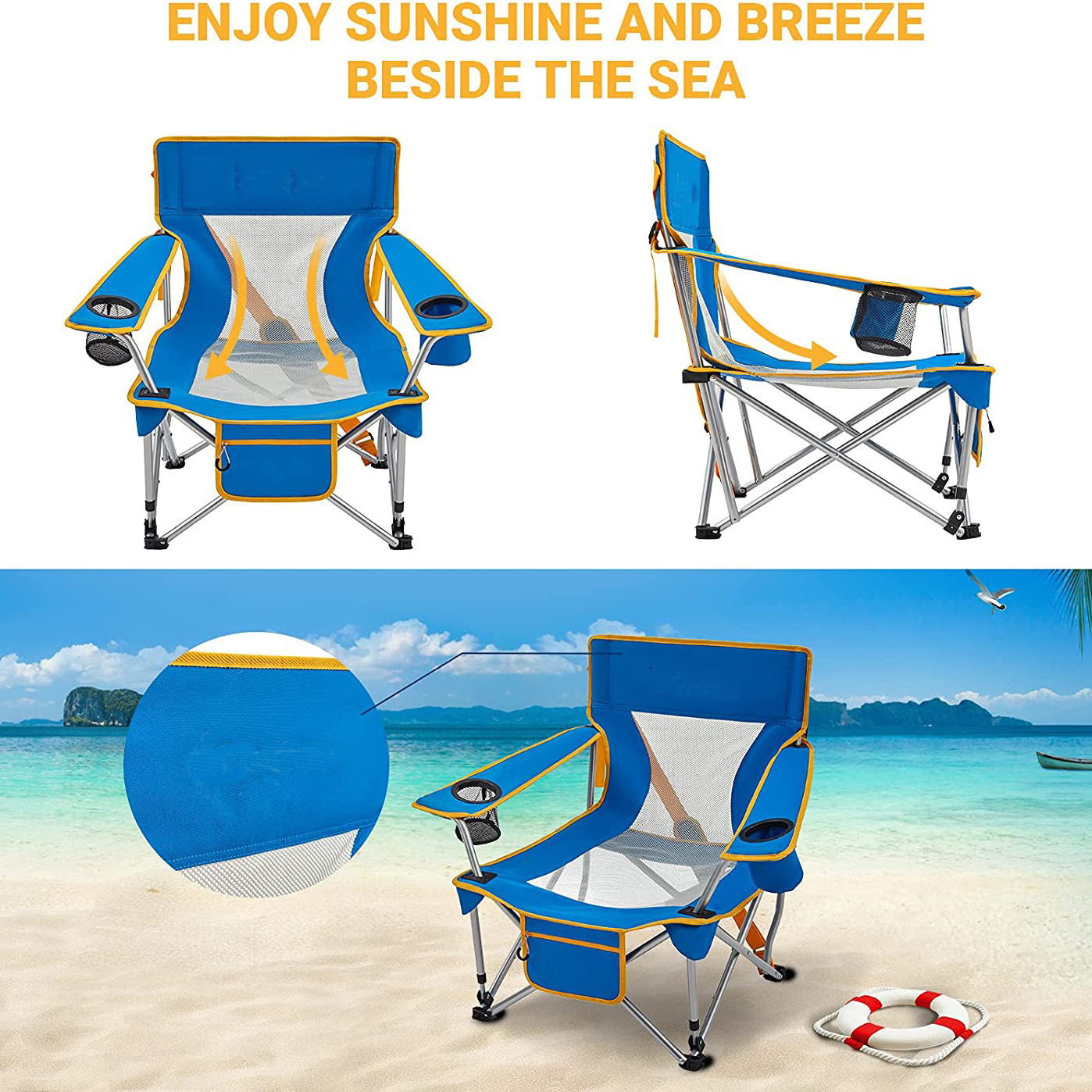 2022 New Blue Folding Camping Chair Low Seat Portable Lightweight Chair With Cup Holder And Front Pocket For Outdoor