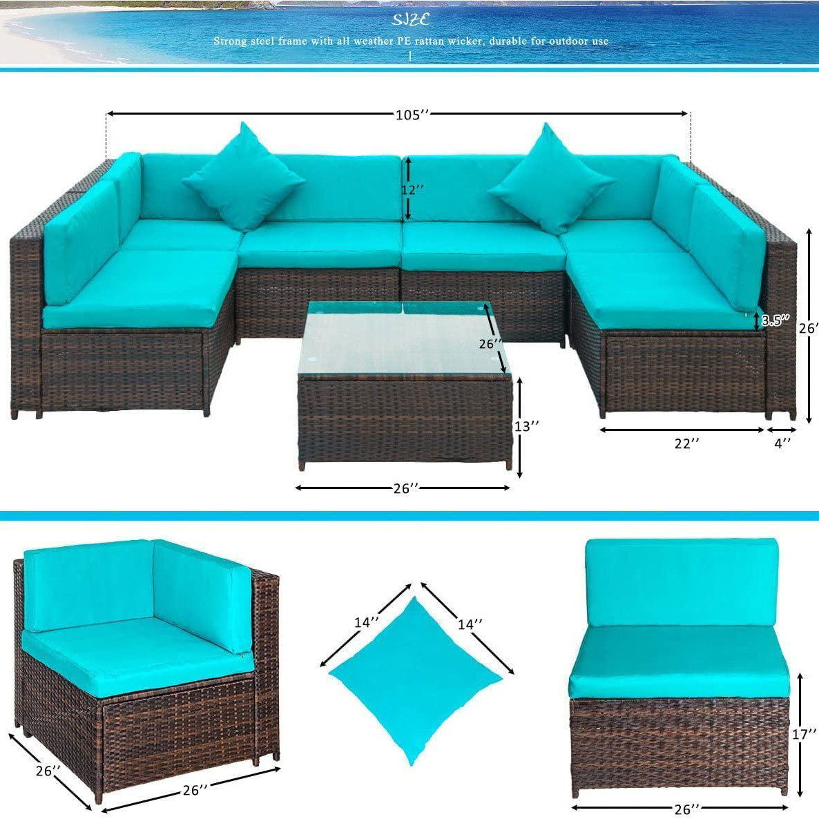 Outdoor Patio Modular Furniture Set 7 Piece PE Rattan Garden Deep Seat Conversation Sofa with Seat Cushion Tempered Glass Table