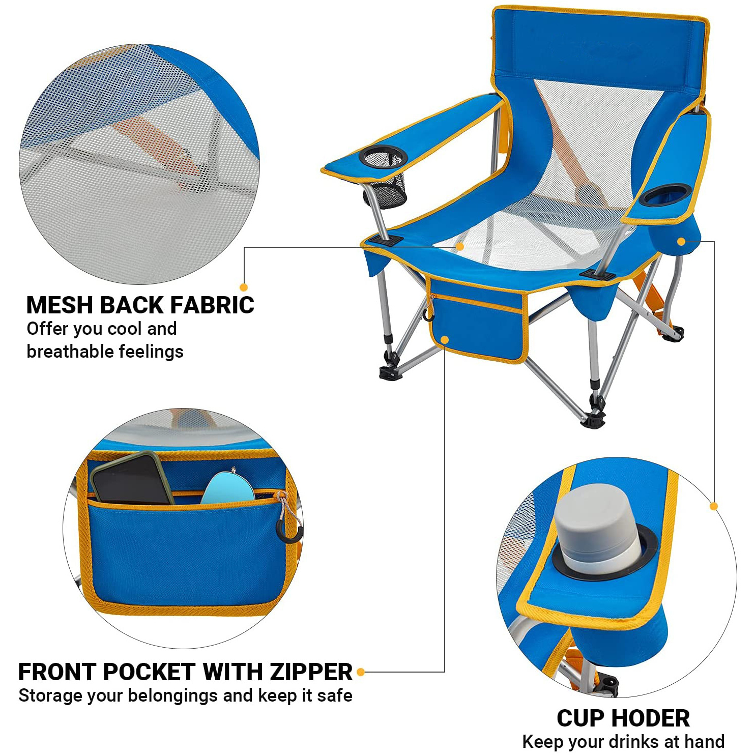 2022 New Blue Folding Camping Chair Low Seat Portable Lightweight Chair With Cup Holder And Front Pocket For Outdoor